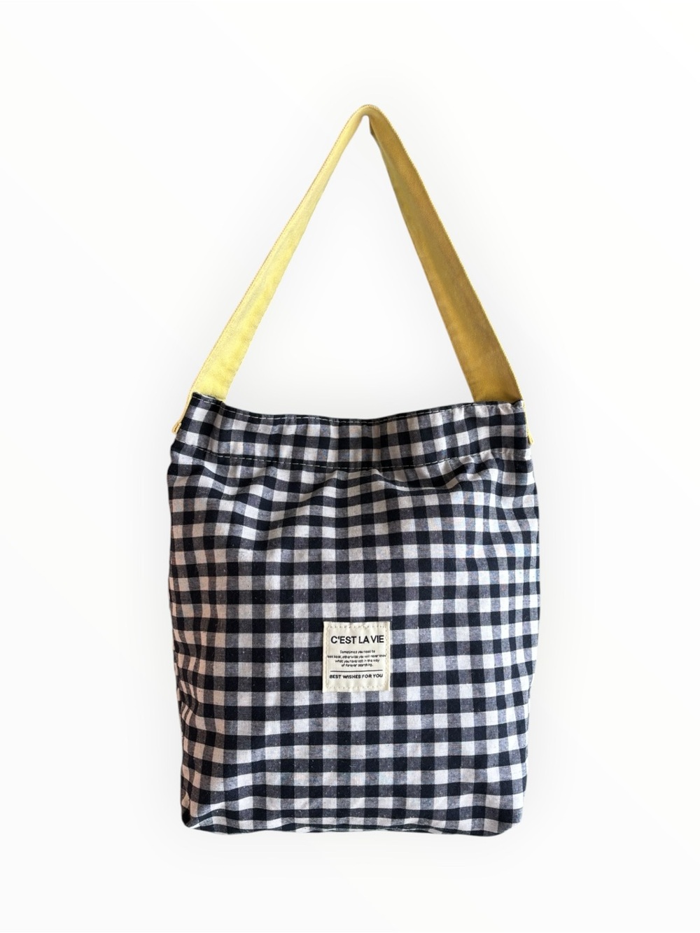 C'est La Vie Gingham Shoulder Tote Bag Navy White Yellow Canvas Magnetic Snap